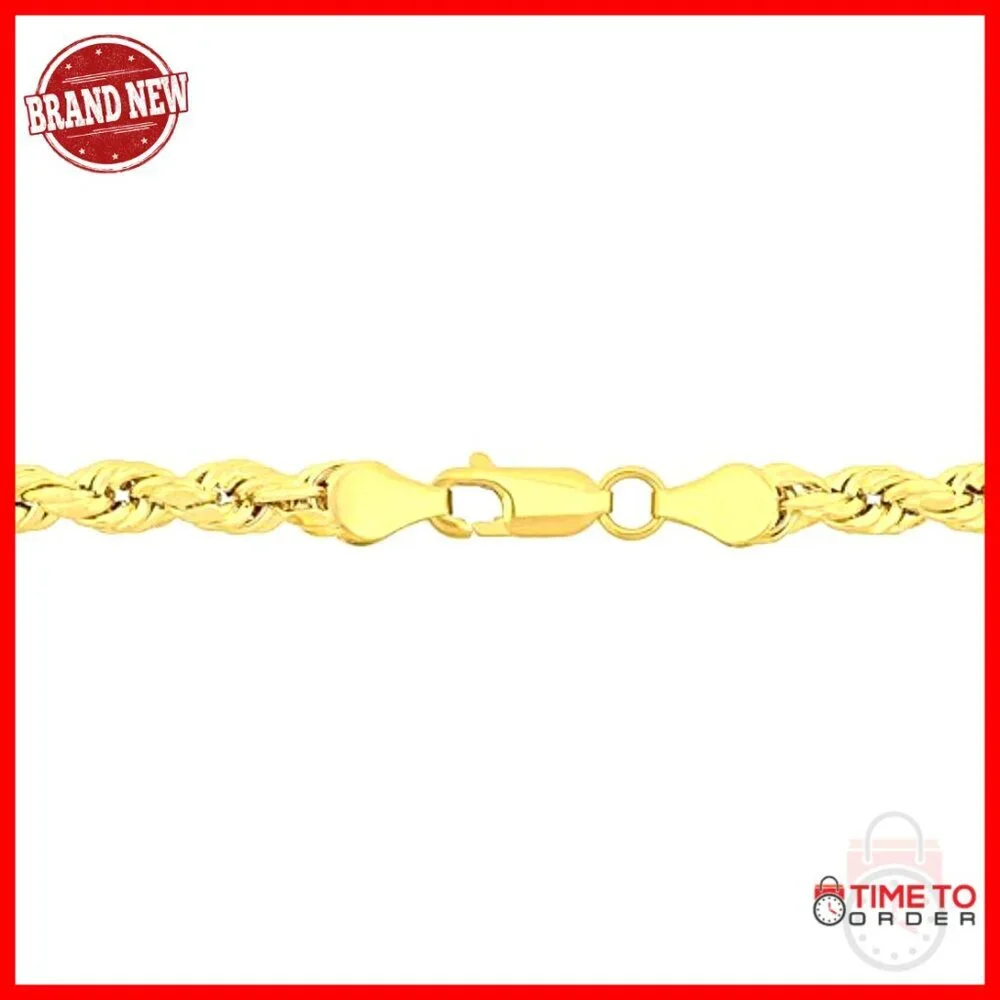 10K Gold Rope Chain Bracelet, 9 Inch, 5MM Width, Lightweight, Lobster Claw Clasp